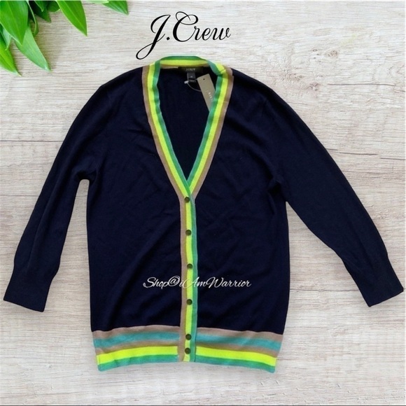 J.Crew NWT navy lightweight v-neck cardigan with neon striped trim - Picture 5 of 11